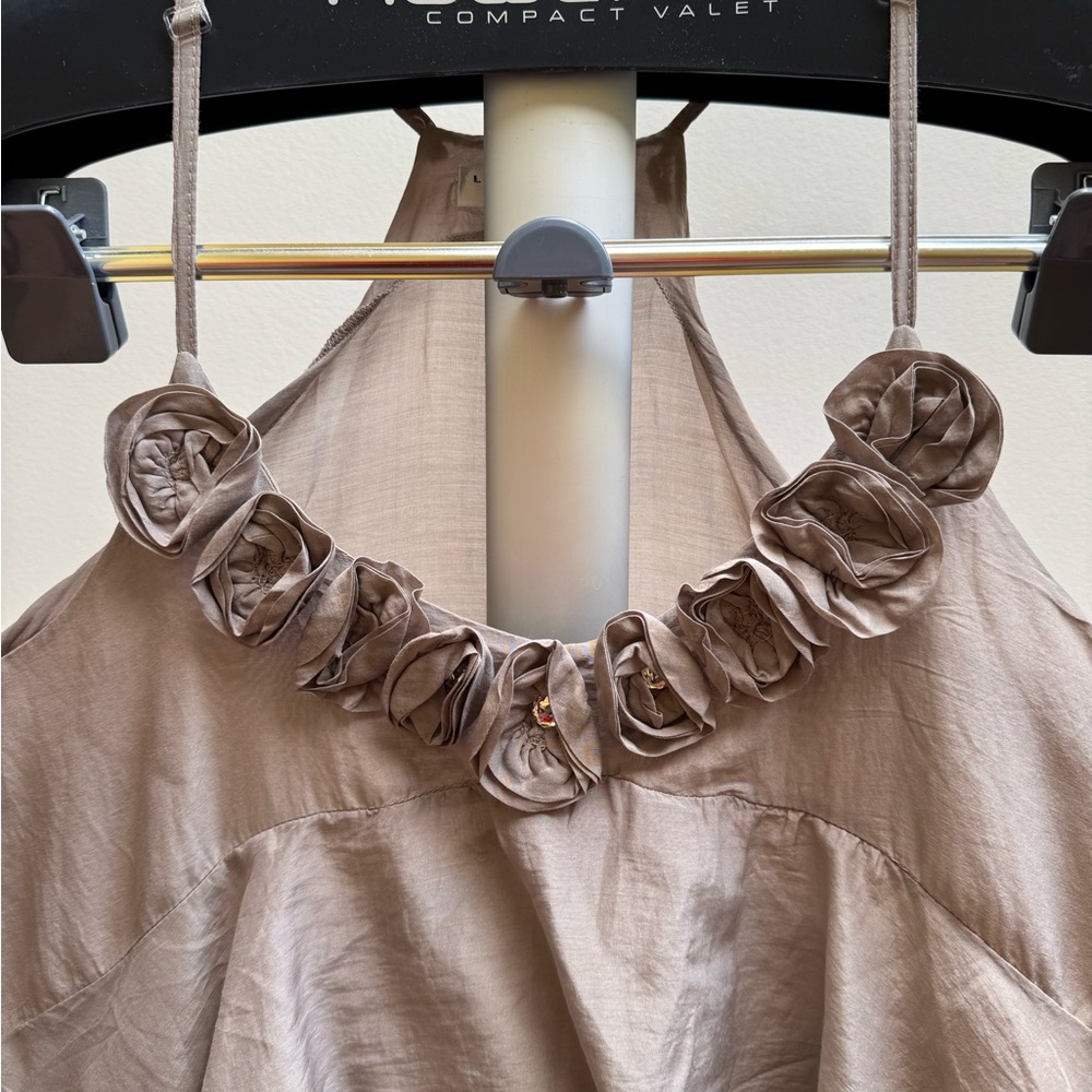 Elegant Light Grey Silk Dress with Floral Detail